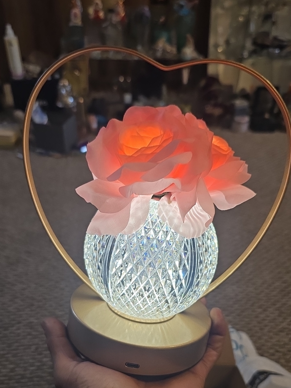 Heart LED Table Lamp with Pink Rose